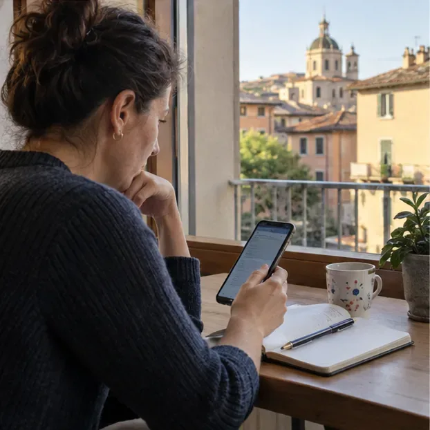 Una persona consulta dal telefono il servizio ambientale e annota le informazioni sul punto di conferimento