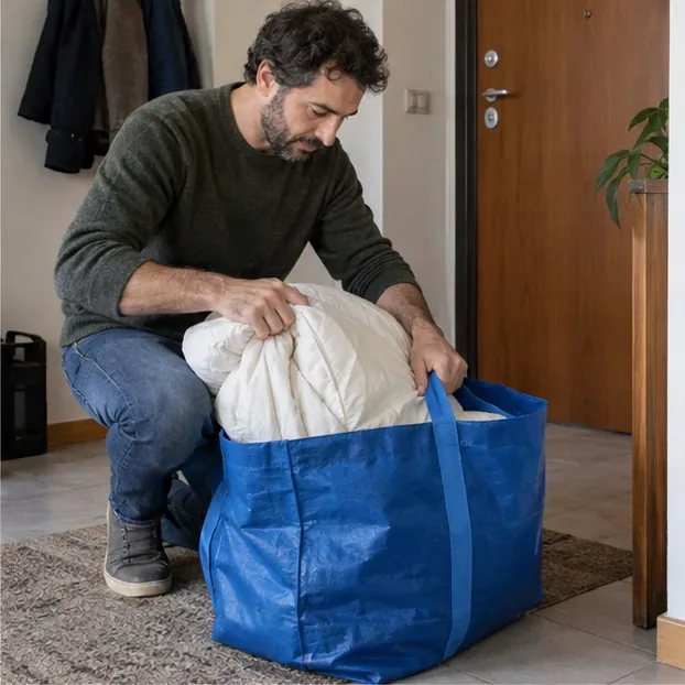 Un piumone asciutto viene piegato e inserito in una borsa resistente vicino all’ingresso di casa