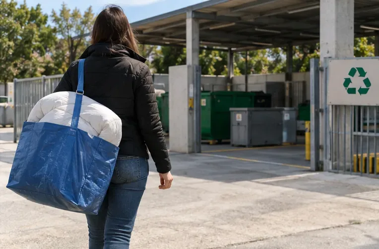 Persona che trasporta un piumone in una grande borsa verso un centro di raccolta