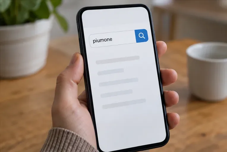 Smartphone con una ricerca della parola piumone sullo schermo