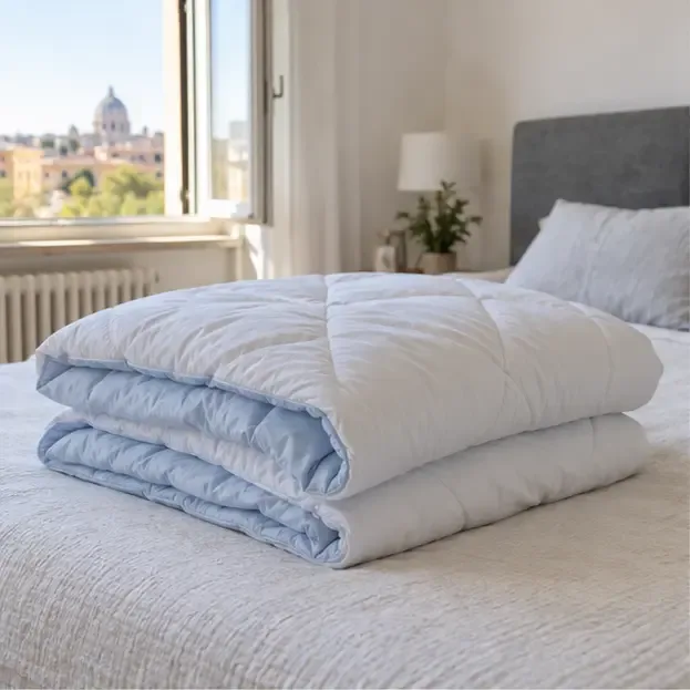 Due piumoni puliti e asciutti piegati su un letto luminoso in un appartamento romano