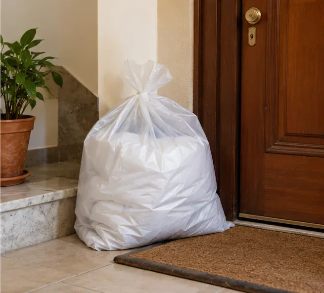 Un sacco semitrasparente con un piumone è appoggiato vicino alla porta di casa