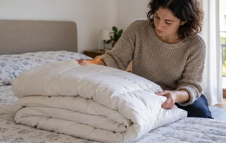 Una donna controlla un piumone bianco piegato sul letto per valutarne le condizioni
