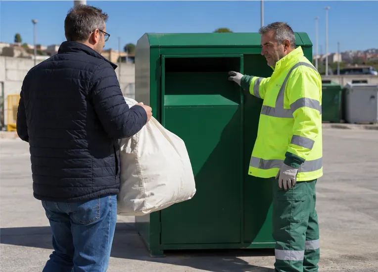 Un addetto indica a un residente un contenitore per i tessili in un centro comunale di raccolta