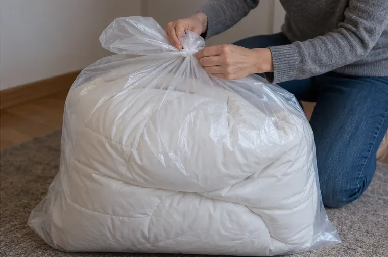 Un piumone bianco piegato e inserito in un grande sacco trasparente che viene chiuso con un nodo