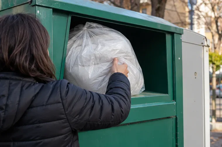 Una persona inserisce un sacco chiuso con un piumone in un contenitore dedicato alla raccolta dei tessili