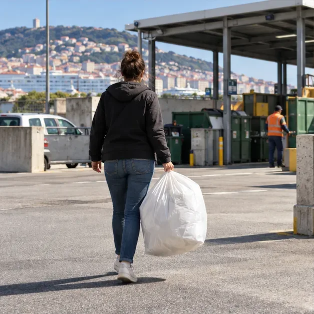 Una residente trasporta un sacco chiuso verso l’area di conferimento di un centro di raccolta