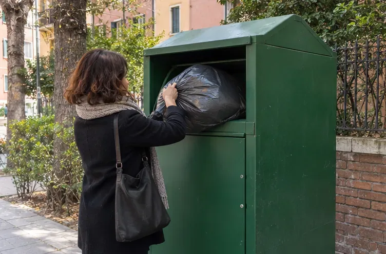 Una persona inserisce un sacco con un piumone in un contenitore verde per la raccolta dei tessili