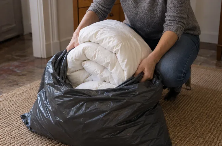 Una persona piega un piumone bianco e lo inserisce in un sacco robusto per ridurne il volume