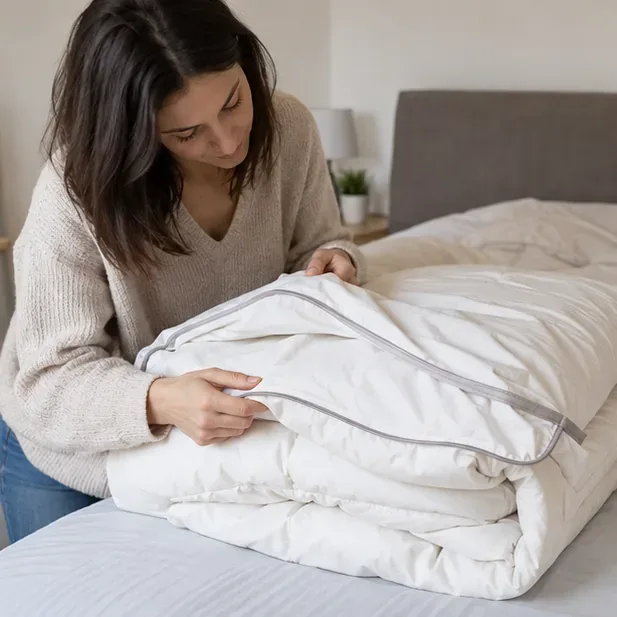 Una persona controlla un piumone piegato sul letto e ne verifica il rivestimento e le condizioni