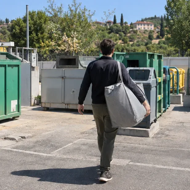 Un residente trasporta una borsa contenente un piumone verso un’area comunale ordinata e attrezzata per la raccolta