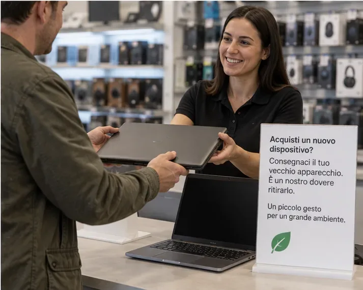 Cliente che consegna un vecchio computer portatile a una commessa in un negozio di elettronica