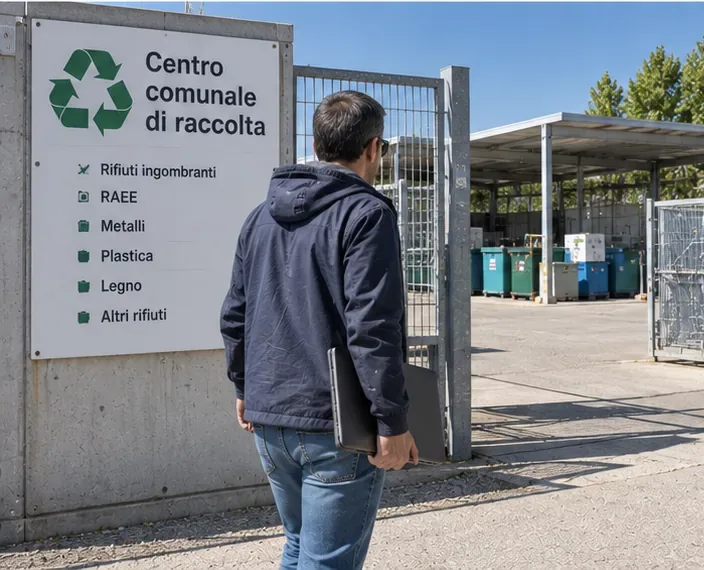 Persona che porta un computer portatile a un centro comunale di raccolta per rifiuti elettrici ed elettronici