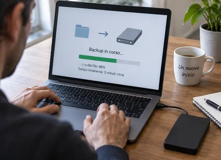 Persona che esegue il backup dei file da un computer portatile verso un'unità esterna prima dello smaltimento
