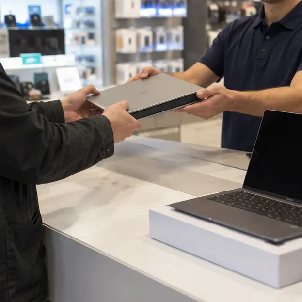 Cliente che consegna un vecchio computer portatile a un addetto in un negozio di elettronica