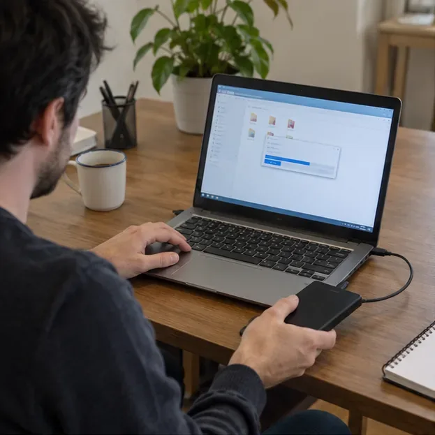 Persona che copia i file da un computer portatile a un disco esterno prima della dismissione
