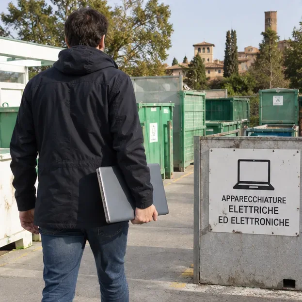 Persona che porta un computer portatile a un centro di raccolta per apparecchiature elettriche ed elettroniche