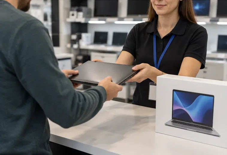 Un cliente consegna un vecchio portatile al banco di un negozio di elettronica mentre acquista un computer nuovo