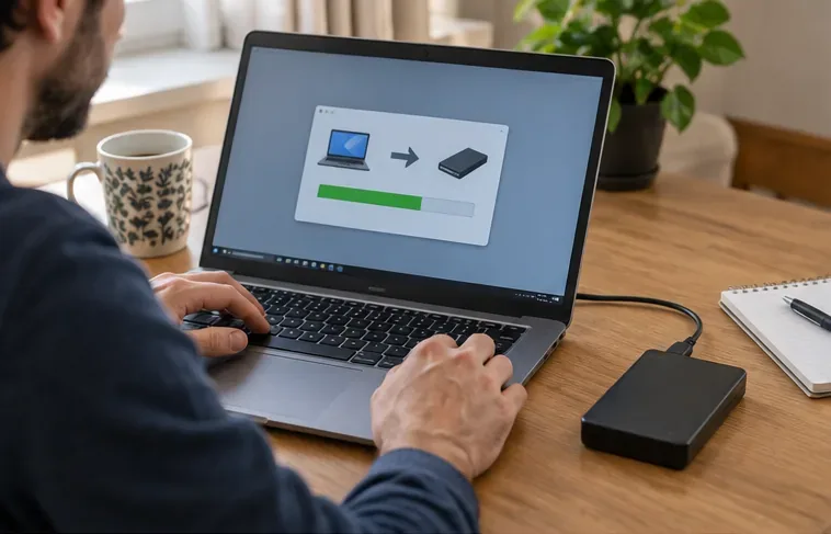 Una persona esegue il backup dei dati di un portatile su un disco esterno prima dello smaltimento
