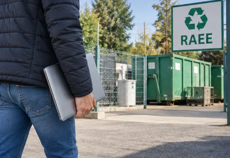 Una persona porta un portatile verso un centro di raccolta con area dedicata ai RAEE