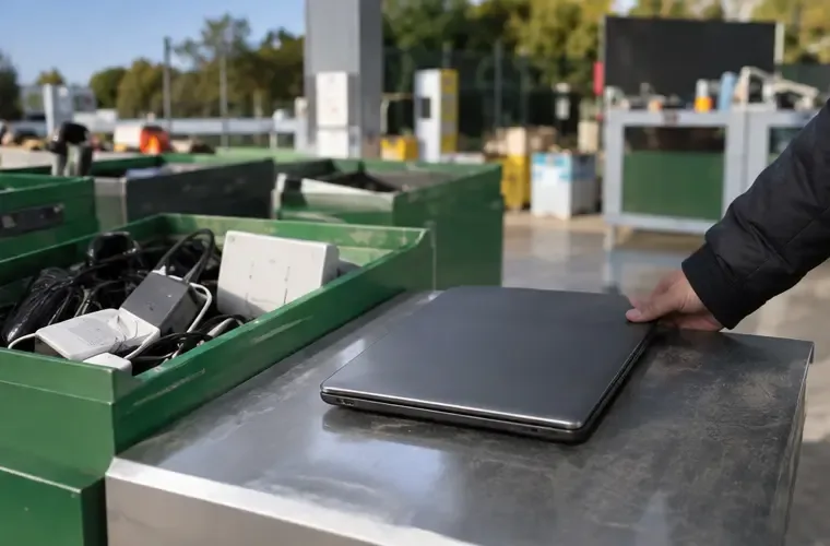 Computer portatile chiuso accanto a un contenitore verde per piccoli rifiuti elettronici in un centro di raccolta