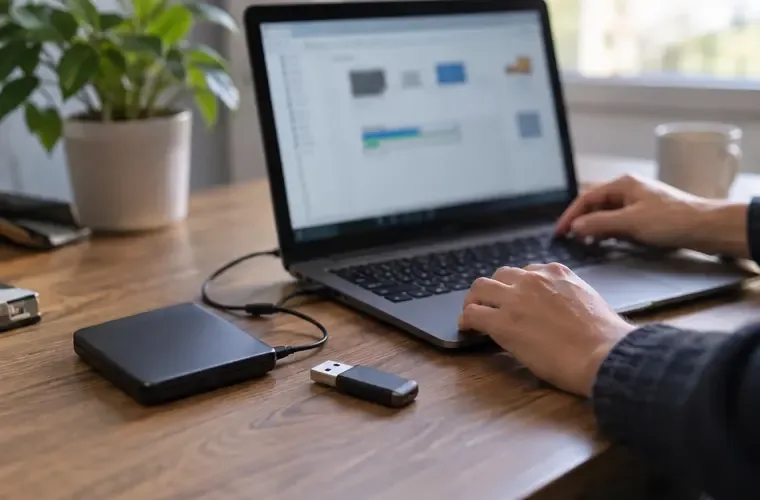 Computer portatile aperto accanto a un disco esterno e a una chiavetta USB per preparare il backup
