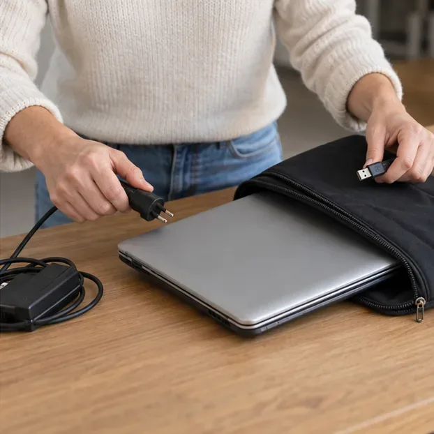 Mani scollegano il cavo di alimentazione e una chiavetta USB da un portatile chiuso accanto a una custodia.