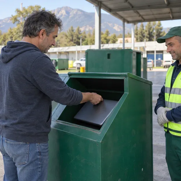 Un uomo deposita un portatile chiuso in un contenitore per apparecchiature elettroniche mentre un operatore lo assiste.