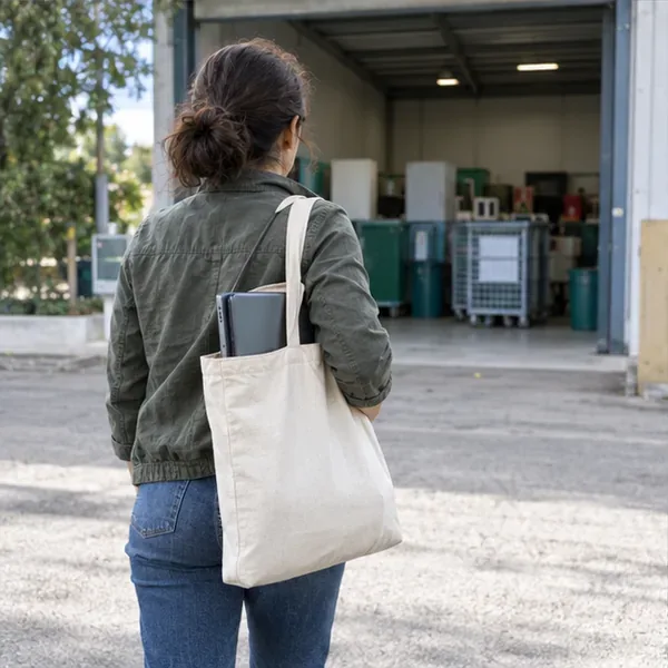 Una residente porta un computer portatile chiuso in una borsa verso un centro di raccolta elettronica
