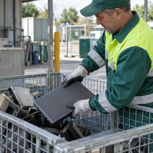 Un addetto con guanti deposita un portatile chiuso in un contenitore dedicato ai dispositivi elettronici