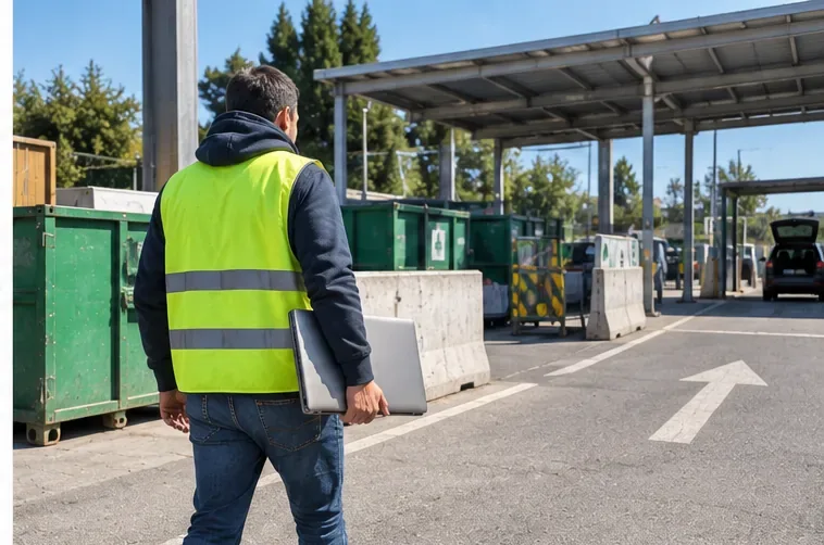 Persona con gilet ad alta visibilità che porta un computer portatile verso un'area attrezzata di raccolta rifiuti