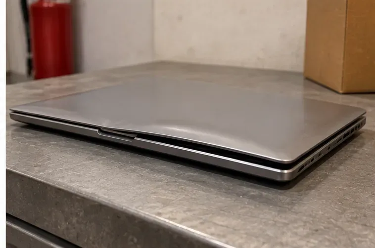 Computer portatile chiuso con la scocca visibilmente sollevata lungo il bordo, appoggiato su un banco