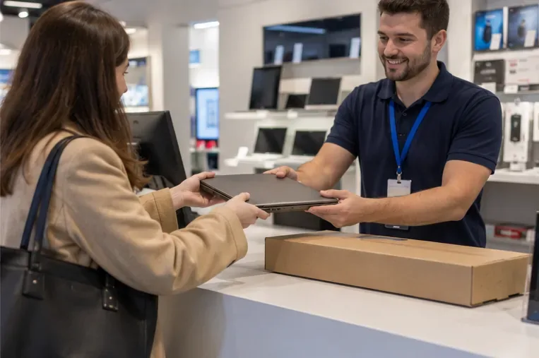 Cliente che consegna un vecchio computer portatile al personale di un negozio di elettronica