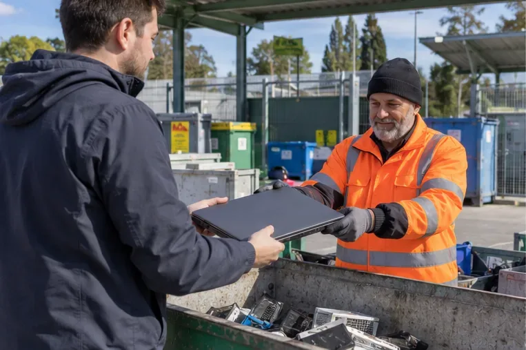 Cittadino che consegna un computer portatile a un operatore di un centro di raccolta RAEE
