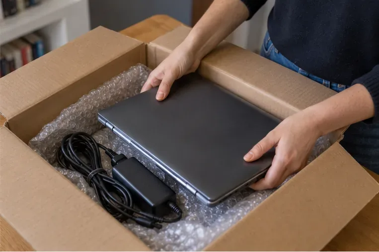 Computer portatile spento sistemato in una scatola con alimentatore e materiale protettivo