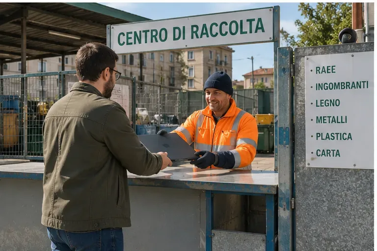 Consegna di un computer portatile al banco di un centro di raccolta per rifiuti elettronici