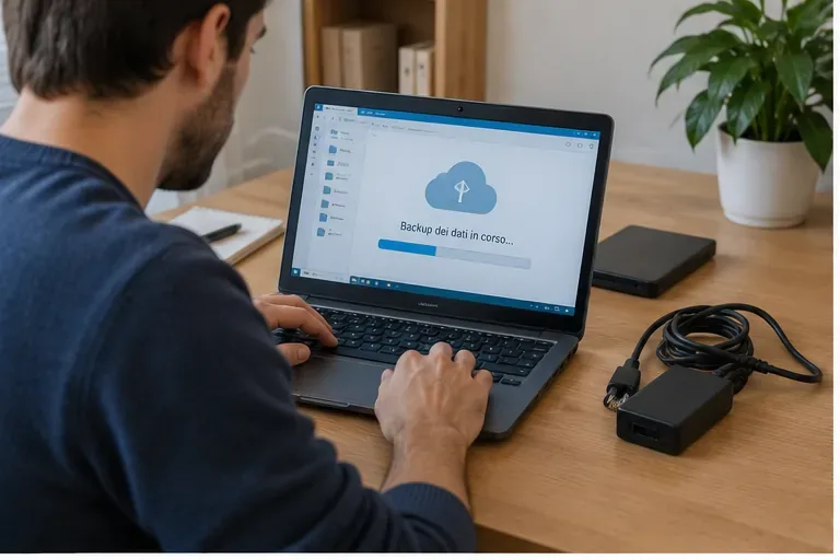 Persona che esegue il backup dei dati da un computer portatile prima dello smaltimento