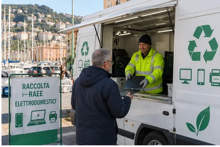 Cittadino che consegna un computer portatile a un mezzo mobile per la raccolta dei RAEE