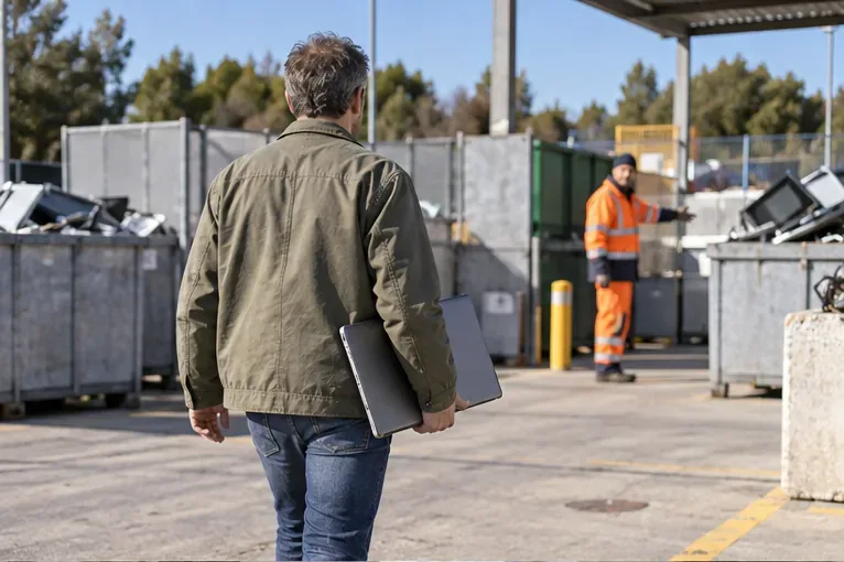 Una persona porta un portatile chiuso verso un’area di raccolta comunale per apparecchi elettronici, dove è visibile un addetto.