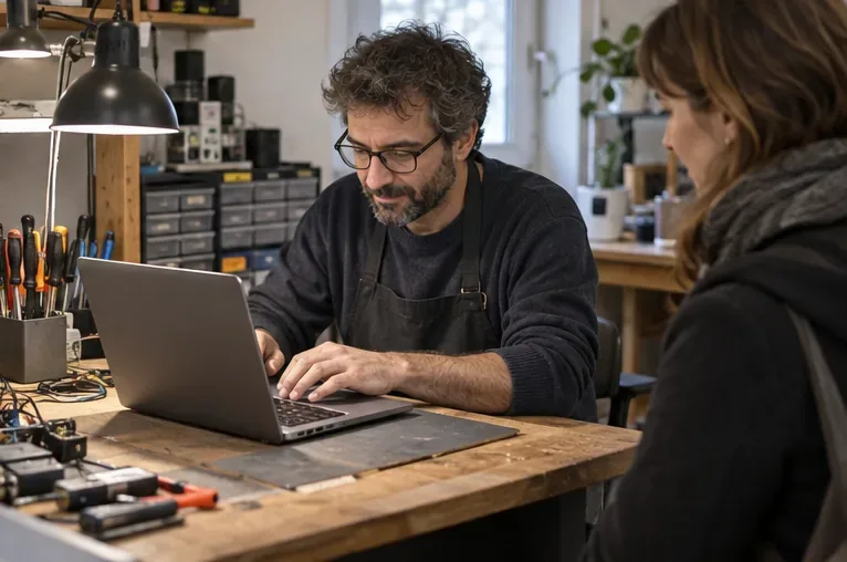 Un tecnico esamina un computer portatile usato su un banco da lavoro mentre una cliente osserva.