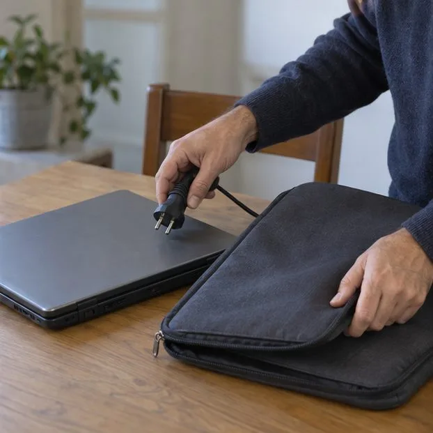 Due mani scollegano l’alimentatore e ripongono il portatile chiuso in una custodia imbottita.
