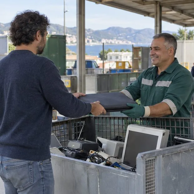 Un residente porge un portatile a un addetto accanto a un contenitore per piccoli apparecchi elettronici.
