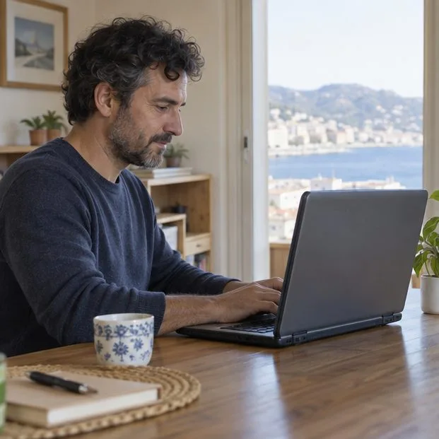 Un uomo consulta un portatile aperto a un tavolo vicino a una finestra.