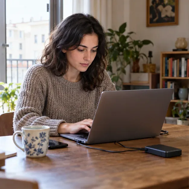 Una persona usa un computer portatile a casa prima di prepararlo per il conferimento
