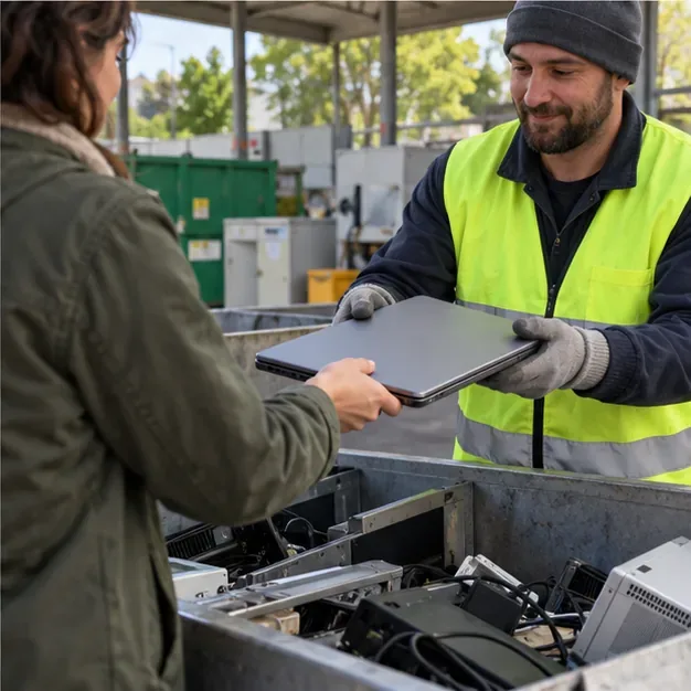 Un addetto riceve un portatile chiuso in un punto di raccolta di rifiuti elettronici