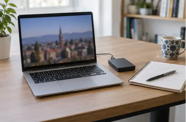 Portatile aperto su una scrivania accanto a un disco esterno e a un quaderno, prima della preparazione allo smaltimento