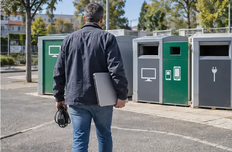 Persona che porta un portatile chiuso e il relativo cavo verso contenitori per apparecchiature elettroniche