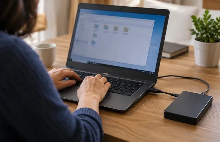 Persona che esegue il backup dei file di un portatile su un'unità esterna prima dello smaltimento