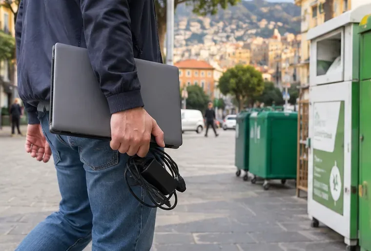 Persona che porta un portatile e il caricatore verso un punto di raccolta per apparecchiature elettroniche