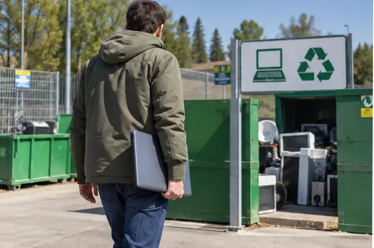Persona che porta un computer portatile verso un contenitore dedicato ai rifiuti elettronici in un centro di raccolta